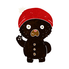 cartoon waving black teddy bear in winter hat