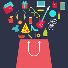 Shopping bag with purchase. Flat design vector background