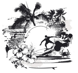 grunge inky surf scene with rider hibiscus and palms