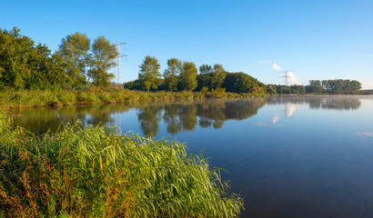 Shore of a lake under a blue cloudy sky in autumn