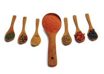 Mix of spices on spoons.