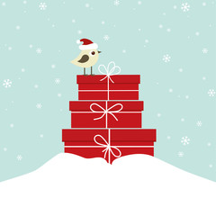 Winter card with bird and gift boxes