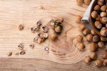 Hazelnuts on wooden table