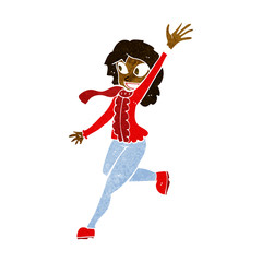 cartoon woman waving dressed for winter