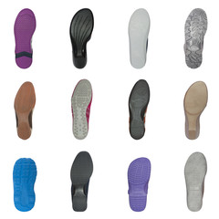 set of various shoe soles isolated on white