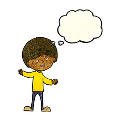 cartoon unhappy boy with thought bubble