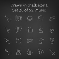 Music icon set drawn in chalk.