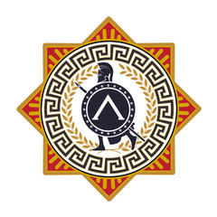 label with the Greek pattern. silhouette of the Spartan soldier