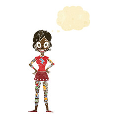 cartoon woman with heavy tattoos with thought bubble