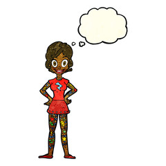 cartoon woman with heavy tattoos with thought bubble