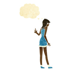 cartoon woman waving with thought bubble