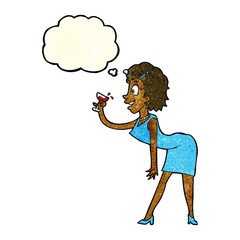 cartoon woman with drink with thought bubble
