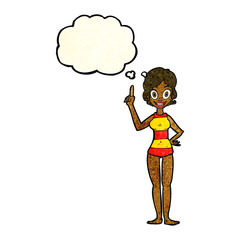 cartoon woman in striped swimsuit with thought bubble