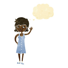 cartoon pretty woman waving with thought bubble