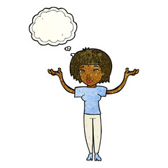 cartoon woman shrugging shoulders with thought bubble