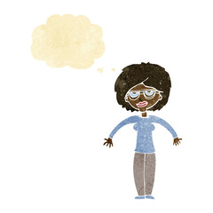 cartoon woman shrugging shoulders with thought bubble