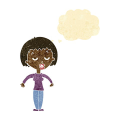 cartoon woman shrugging shoulders with thought bubble
