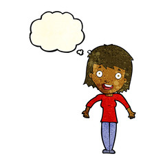 cartoon woman shrugging shoulders with thought bubble