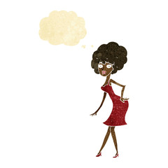 cartoon woman posing in dress with thought bubble