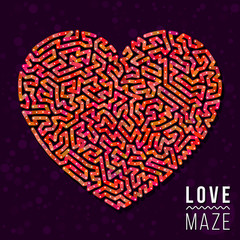 Pink Red Love Maze Heart Labyrinth Shape Vector Element on Dark Purpe Background