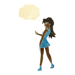 cartoon woman posing in dress with thought bubble