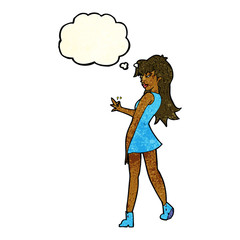 cartoon woman posing in dress with thought bubble