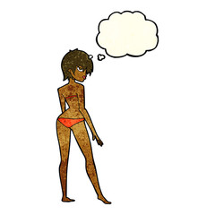 cartoon woman in bikini with thought bubble