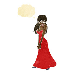 cartoon pretty woman in dress with thought bubble