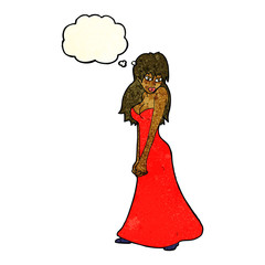 cartoon pretty woman in dress with thought bubble