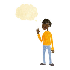 cartoon waving man with thought bubble