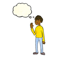 cartoon waving man with thought bubble