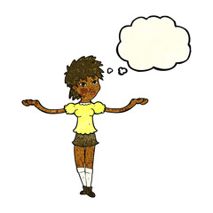 cartoon woman shrugging shoulders with thought bubble