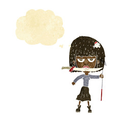 cartoon woman with knife and harpoon with thought bubble