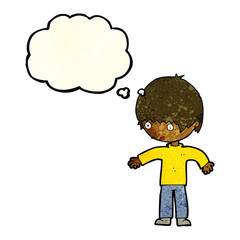 cartoon confused boy with thought bubble