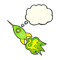 cartoon space rocket with thought bubble