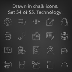 Technology icon set drawn in chalk.