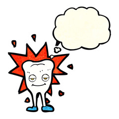 cartoon happy tooth with thought bubble