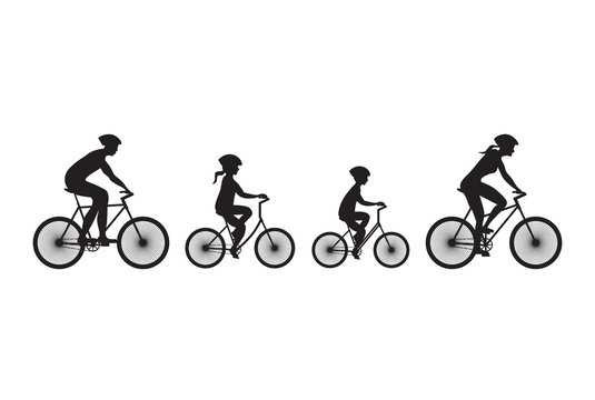 Silhouette of family on bicycles.