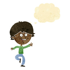 cartoon happy waving boy with thought bubble