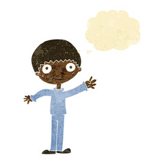 cartoon happy waving boy with thought bubble