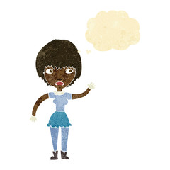 cartoon waving woman with thought bubble