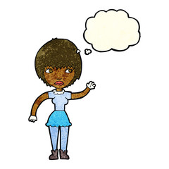 cartoon waving woman with thought bubble