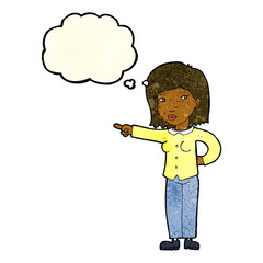 cartoon woman pointing with thought bubble