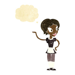cartoon woman in maid costume with thought bubble
