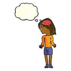cartoon clever woman shrugging shoulders with thought bubble