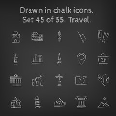 Travel icon set drawn in chalk.