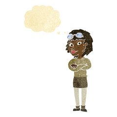 cartoon woman with crossed arms and safety goggles with thought