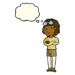cartoon woman with crossed arms and safety goggles with thought