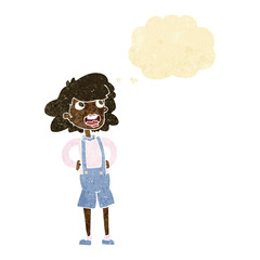 cartoon woman in dungarees with thought bubble