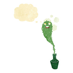 cartoon spooky ghost in bottle with thought bubble